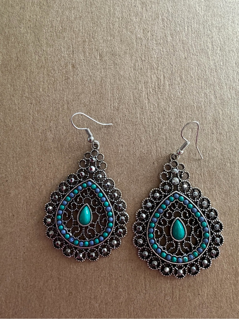Turquoise Teardrop Filigree Dangle Earrings
